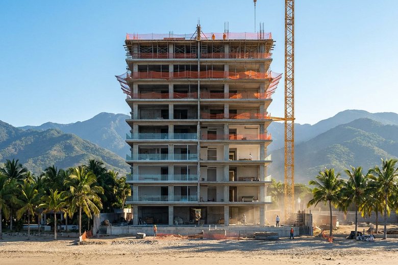 New condominium tower under construction near the beach in Nuevo Nayarit with the Sierra Madre behind it