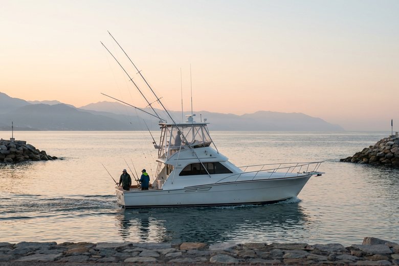 Sportfishing boat leaving Marina Vallarta at sunrise with Banderas Bay and the Sierra Madre behind it