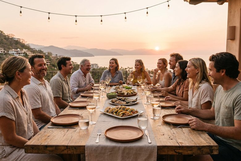 Large group gathered at a long terrace dining table at a Puerto Vallarta villa overlooking Banderas Bay at sunset