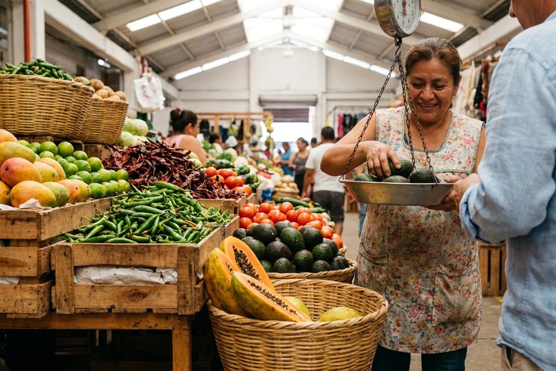 Fresh produce stall at the Mercado Municipal Río Cuale in Puerto Vallarta with mangoes, limes, and chiles