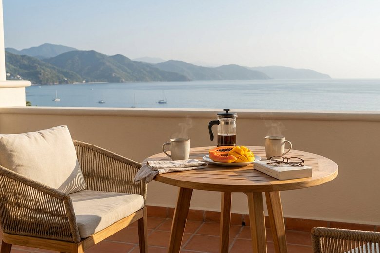 Morning view across Banderas Bay from a Puerto Vallarta condo terrace with coffee on the table