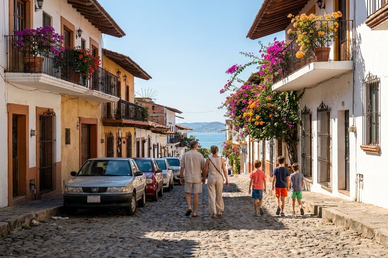 Cobblestone street in Puerto Vallarta's Zona Romántica with parked cars and pedestrians heading toward the beach