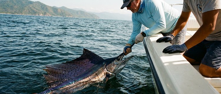 Angler releasing a sailfish beside a charter boat in Banderas Bay