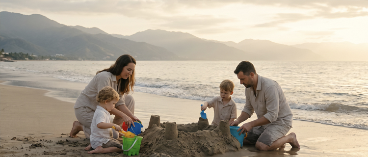A family with young children playing on a calm beach in Puerto Vallarta