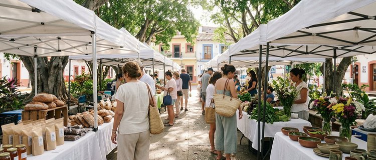 Saturday farmers market stalls at Lázaro Cárdenas Park in the Zona Romántica, Puerto Vallarta