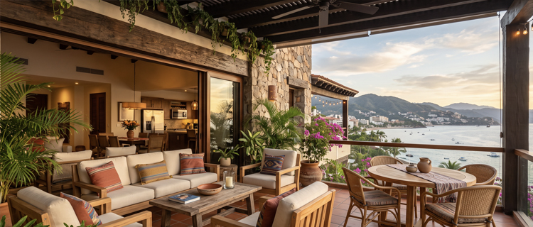 Bright, well-appointed Puerto Vallarta rental terrace with comfortable outdoor seating and an ocean view