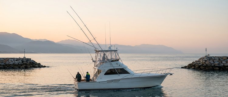 Sportfishing boat leaving Marina Vallarta at sunrise with Banderas Bay and the Sierra Madre behind it