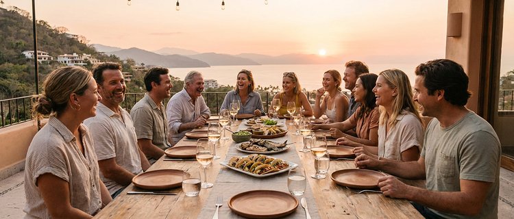 Large group gathered at a long terrace dining table at a Puerto Vallarta villa overlooking Banderas Bay at sunset