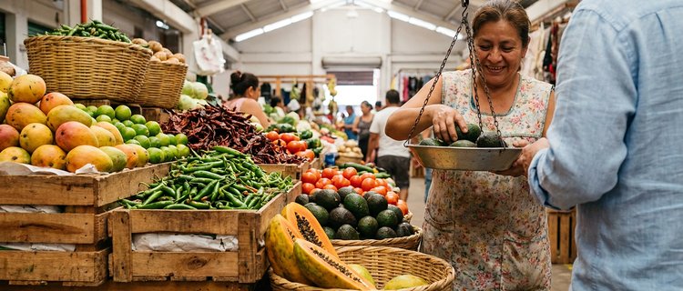 Fresh produce stall at the Mercado Municipal Río Cuale in Puerto Vallarta with mangoes, limes, and chiles