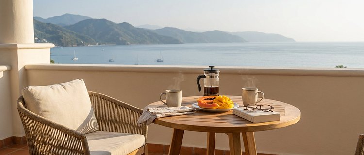 Morning view across Banderas Bay from a Puerto Vallarta condo terrace with coffee on the table