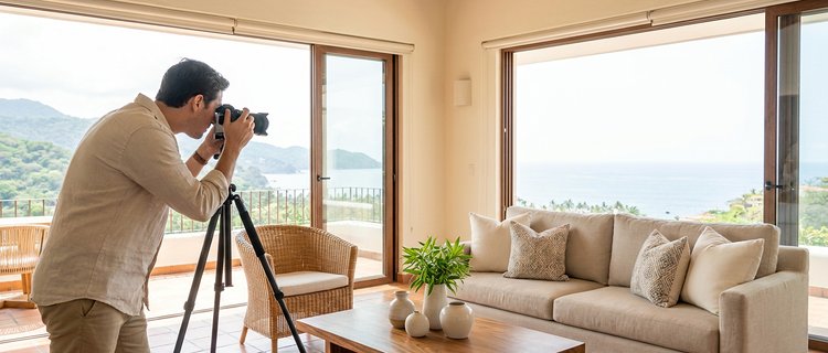 Freshly furnished Puerto Vallarta condo living room staged for professional photography with the terrace doors open to the bay
