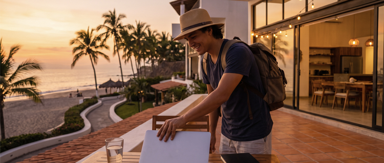 A remote worker at a laptop on an ocean-view terrace in Puerto Vallarta