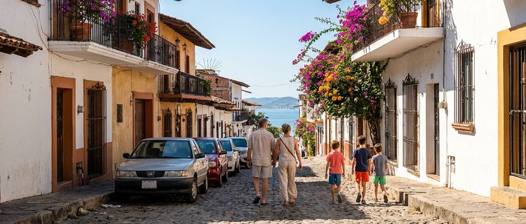 Cobblestone street in Puerto Vallarta's Zona Romántica with parked cars and pedestrians heading toward the beach