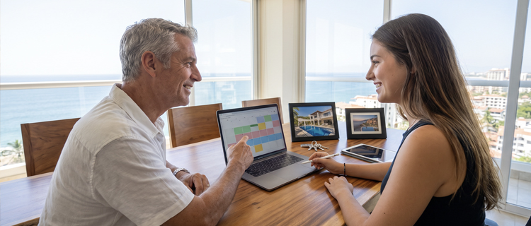 Owner reviewing a rental calendar and reservations on a laptop during a management transition