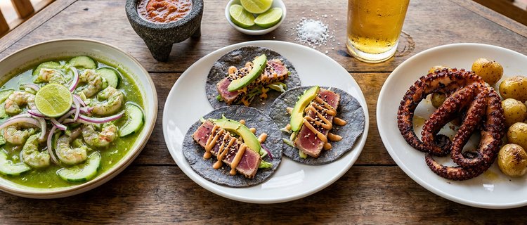 Plates of aguachile, seared tuna tacos, and grilled octopus on a table at a seafood restaurant in Versalles, Puerto Vallarta